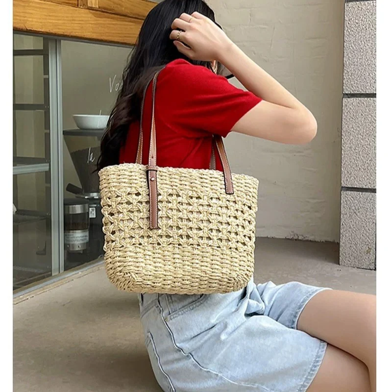 Handtasche aus natürlichem Makramee mit veganen Ledergriffen Skanto