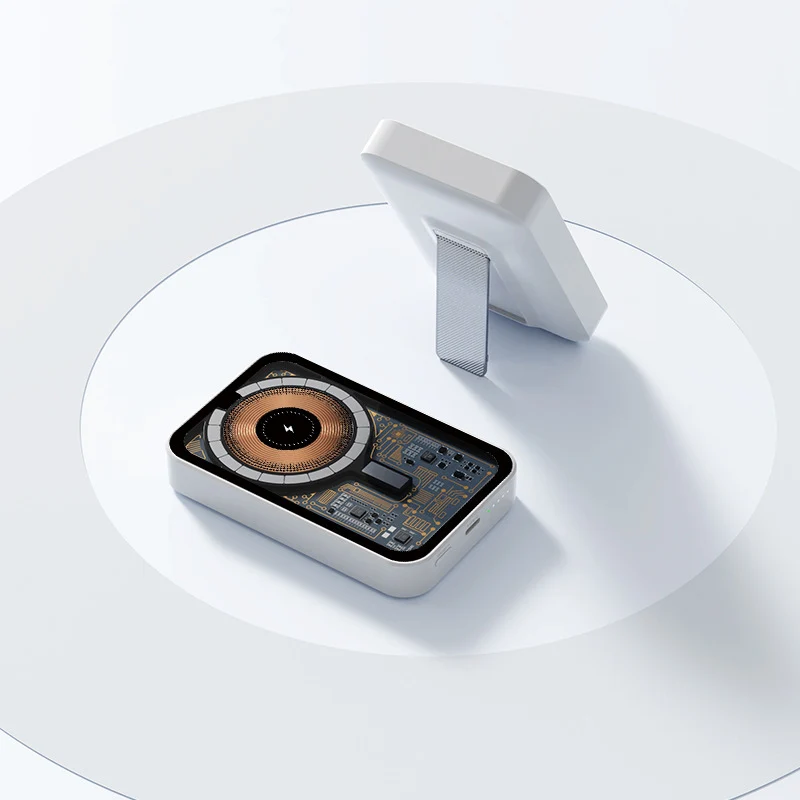 Tragbare Powerbank mit innovativem kabellosem Laden und integriertem Ständer Skanto