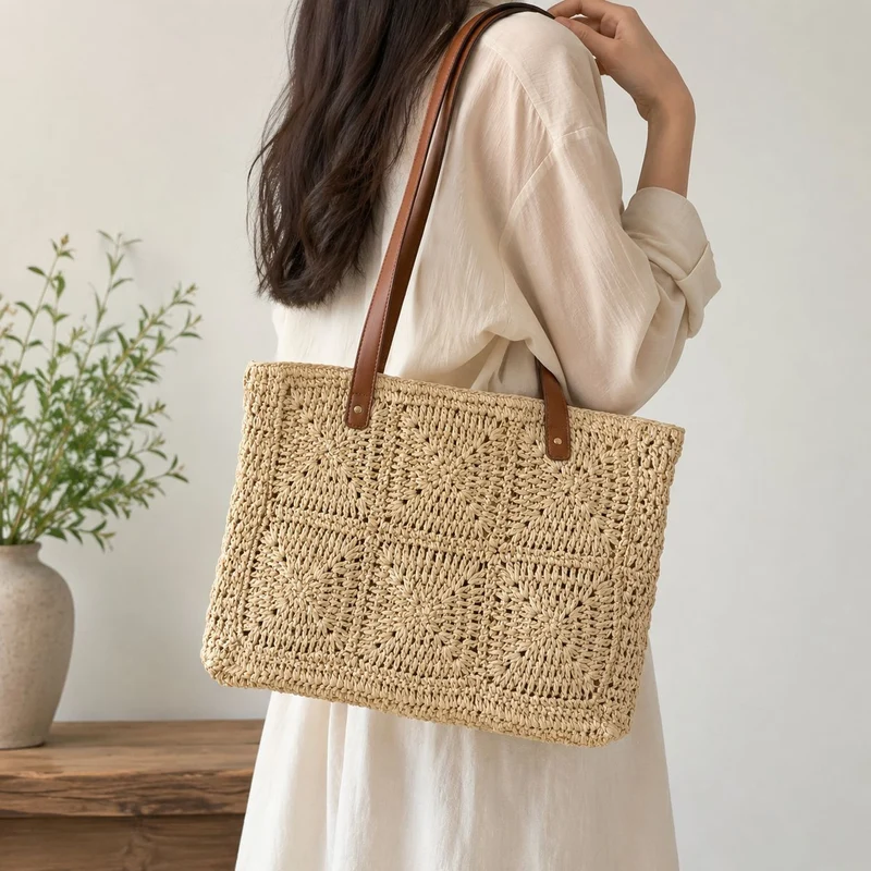 Natur-Bast-Shopper mit eleganten Ledergriffen Skanto