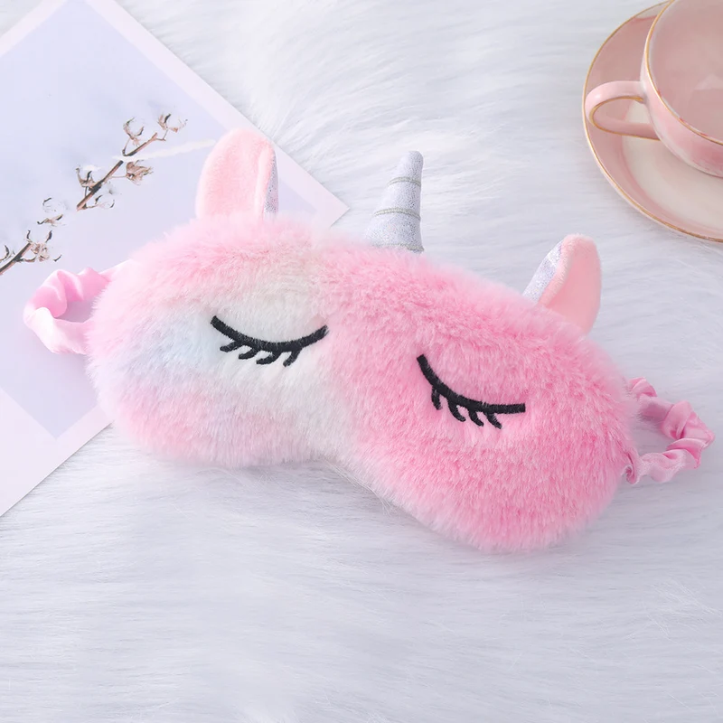 Plüschgefüllte Einhorn-Schlafmaske für Damen mit 3D-Horn, gestickten Wimpern und verstellbarem Satinband Skanto