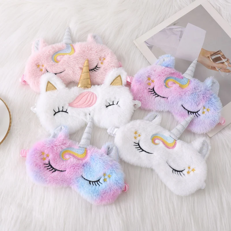 Niedliche Einhorn-Schlafmaske für Damen mit bestickten Wimpern, weichem Plüsch und elastischem Rüschenband Skanto