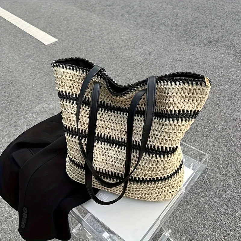 Elegante Bast-Henkeltasche mit Ledergriffen Skanto