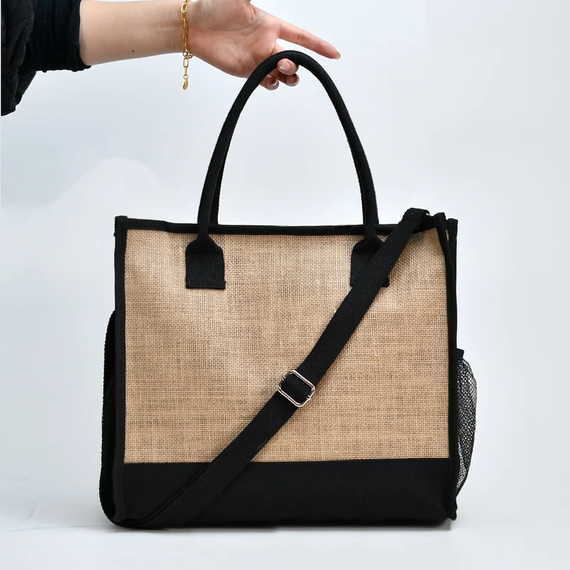 Geräumige Tragetasche aus robuster Jute mit seitlichen Netztaschen Skanto