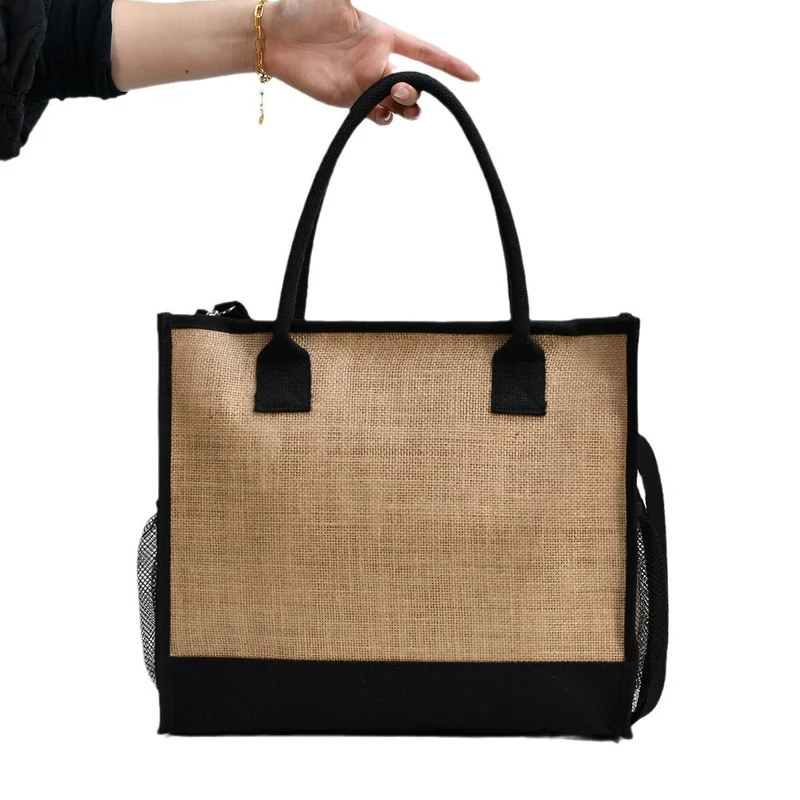Geräumige Tragetasche aus robuster Jute mit seitlichen Netztaschen Skanto