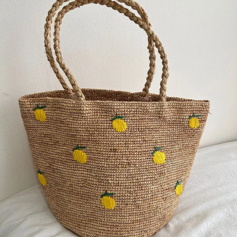 Handgemachte Strohtasche mit buntem Zitronen-Design Skanto