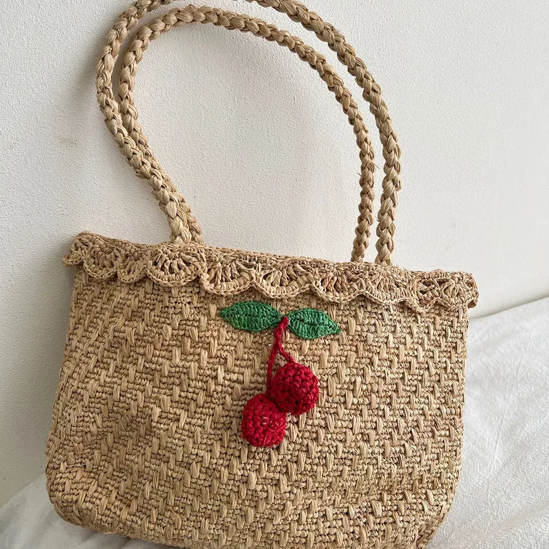Handgemachte Strohtasche mit buntem Zitronen-Design Skanto
