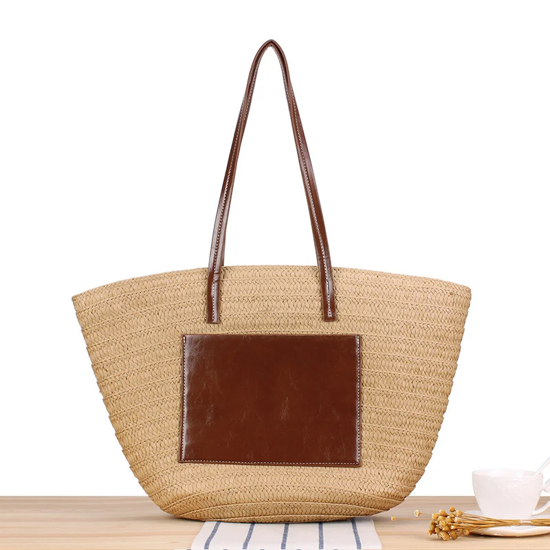 Trendige Stroh-Strandtasche mit Lederdetails Skanto