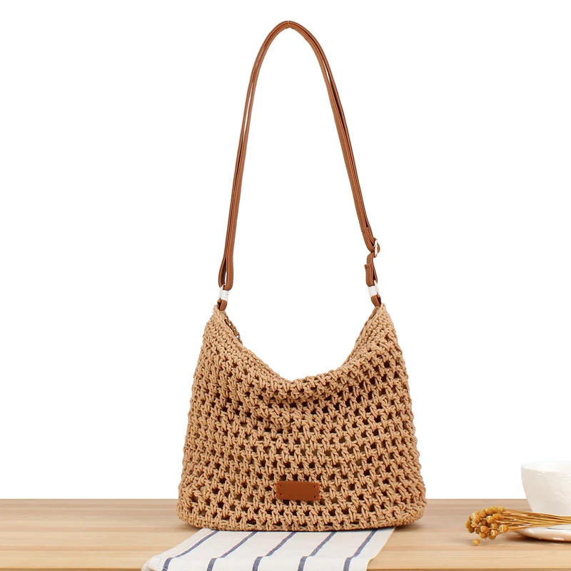 Makramee Schultertasche mit robustem Ledergriff Skanto