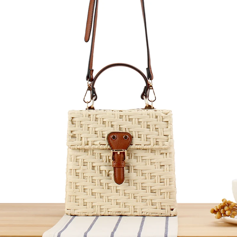 Handtasche aus handgewebtem Naturmaterial mit stilvollem Lederverschluss Skanto