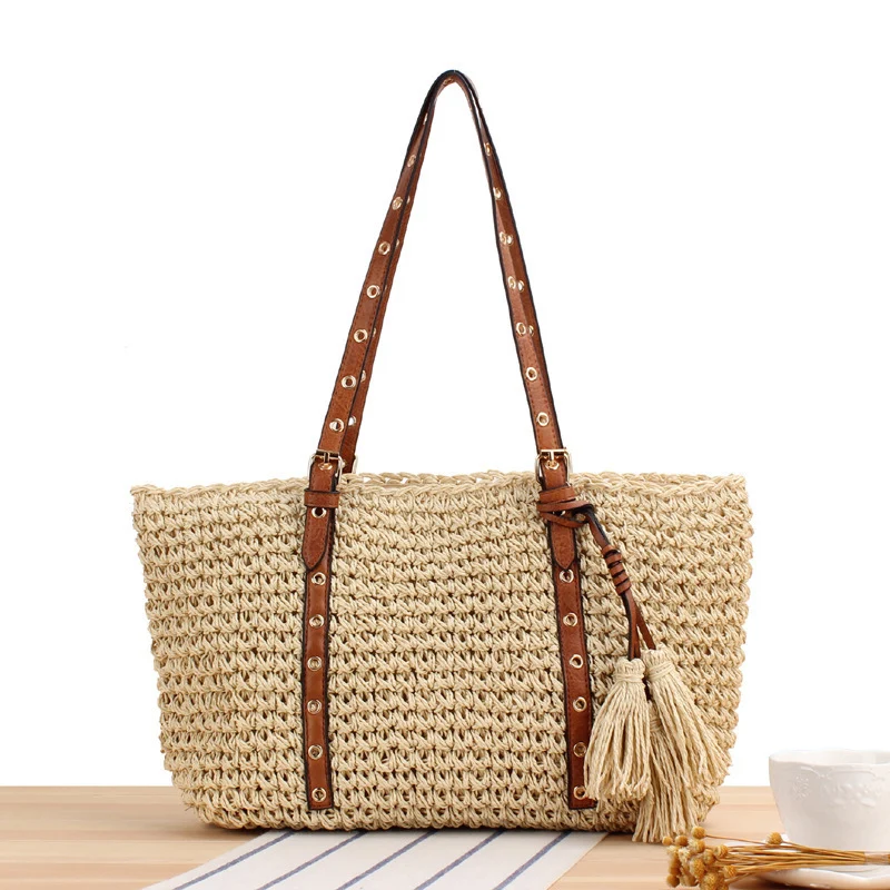 Große gewebte Strandtasche mit eleganten Kontrastgriffen Skanto