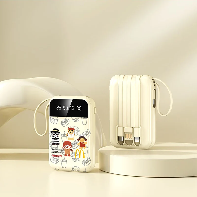 Tragbare Powerbank mit LED-Anzeige und integriertem Kabel von Skanto