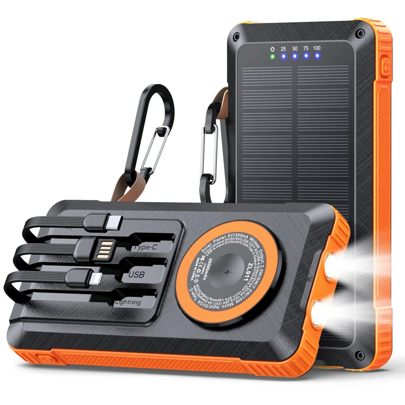 Solar Powerbank mit multifunktionalem LED-Licht und integriertem Ladekabel Skanto