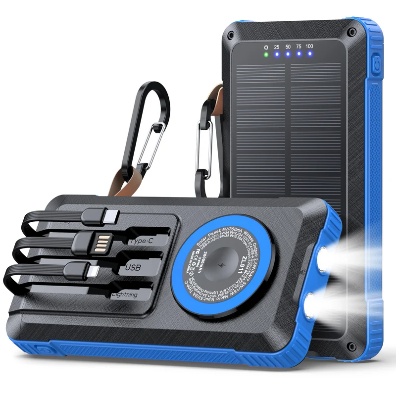 Solar Powerbank mit multifunktionalem LED-Licht und integriertem Ladekabel Skanto
