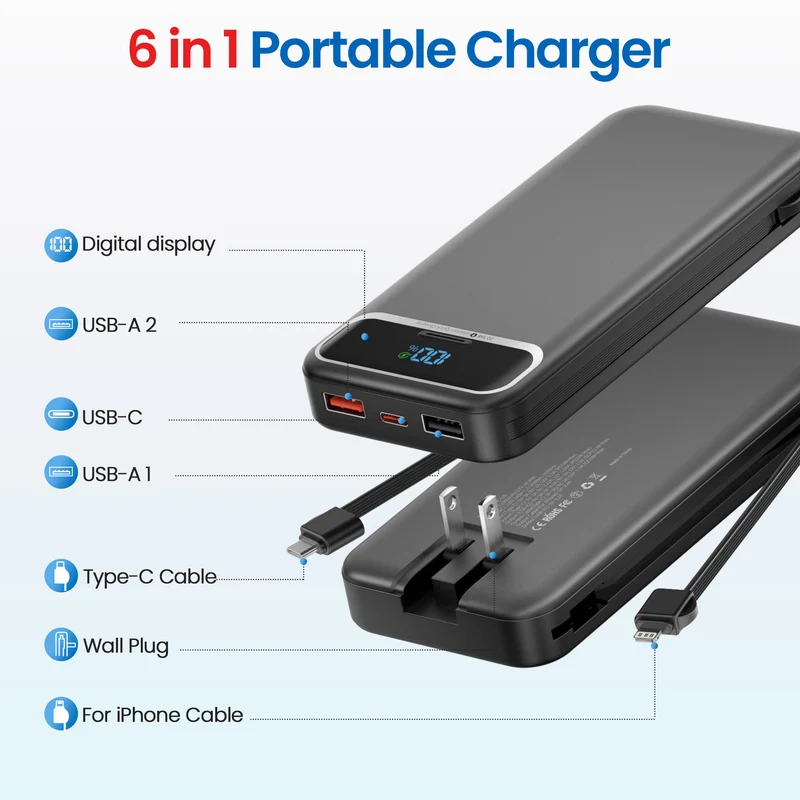 Powerbank mit integriertem Akkuladegerät und LCD-Bildschirm Skanto