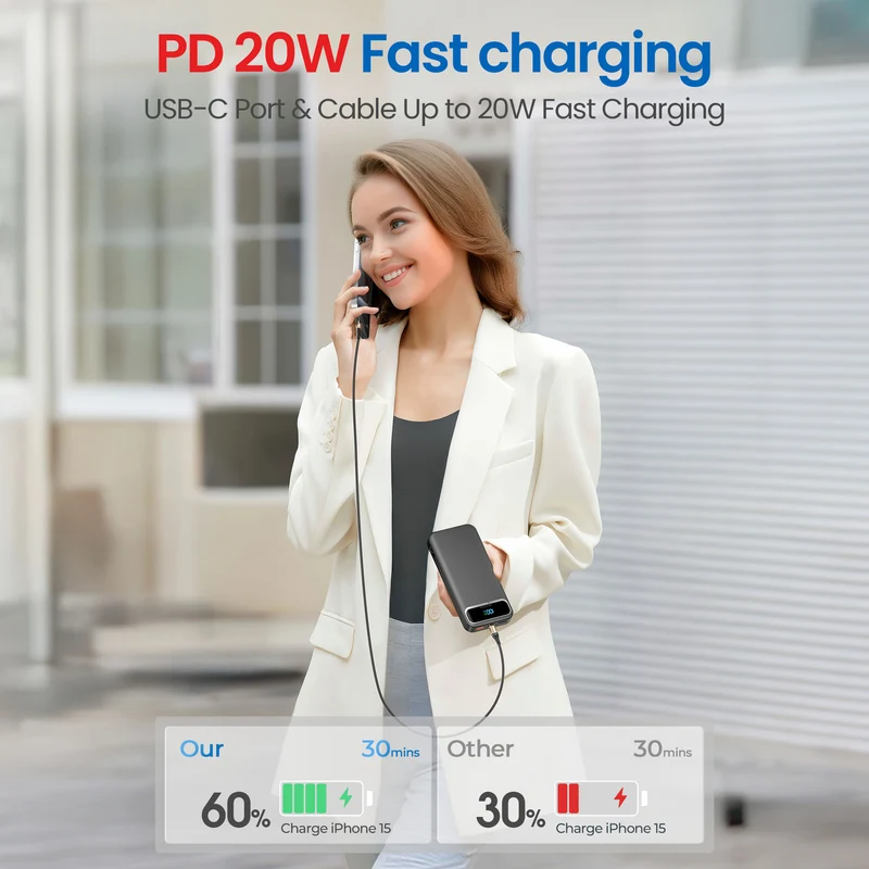 Powerbank mit integriertem Akkuladegerät und LCD-Bildschirm Skanto