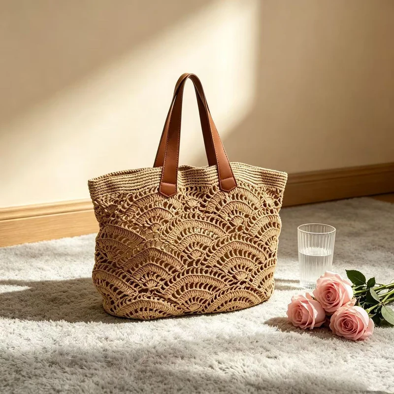 Geflochtene Strandtasche mit Ledergriffen Skanto