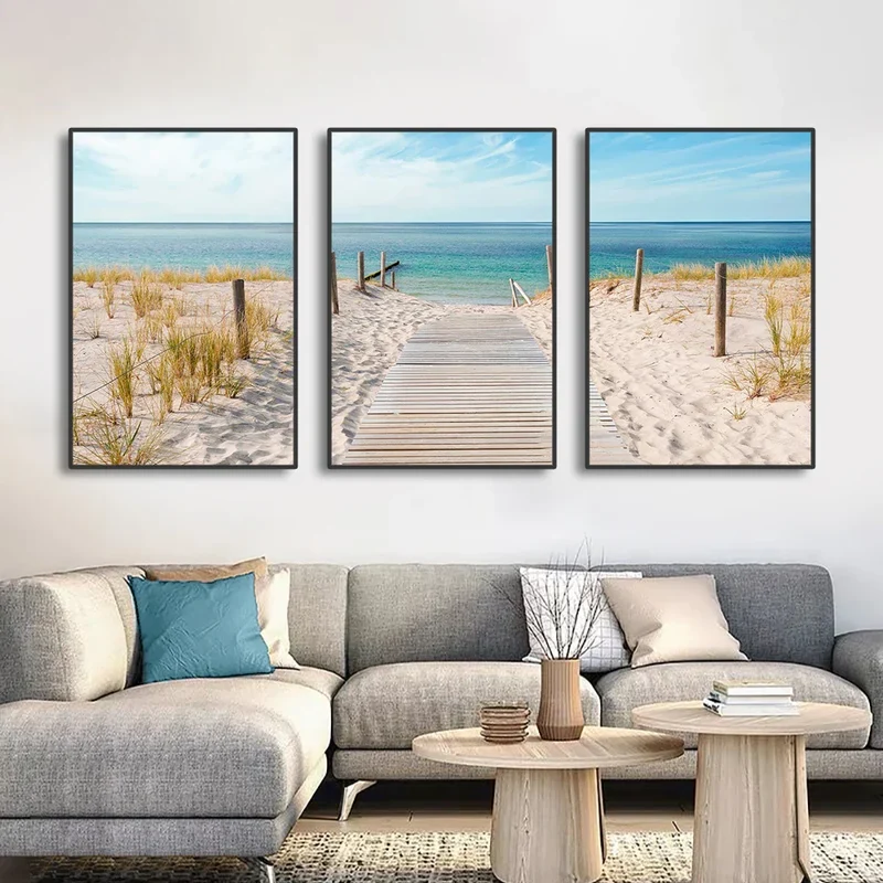 3er-Set Blaue Ozean Sandstrand Wandkunst Fine Art Leinwanddruck Inspiration Meereslandschaften Bilder der Gelassenheit für das Wohnzimmer | Skanto