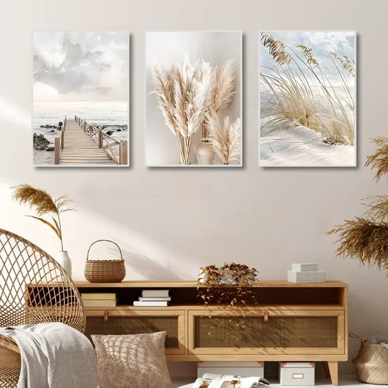 Beruhigende Seegras Strand Küstenlandschaft Wandkunst Fine Art Leinwanddruck Skandinavische Bilder der Gelassenheit für inspirierende Wohnzimmer Deko | Skanto