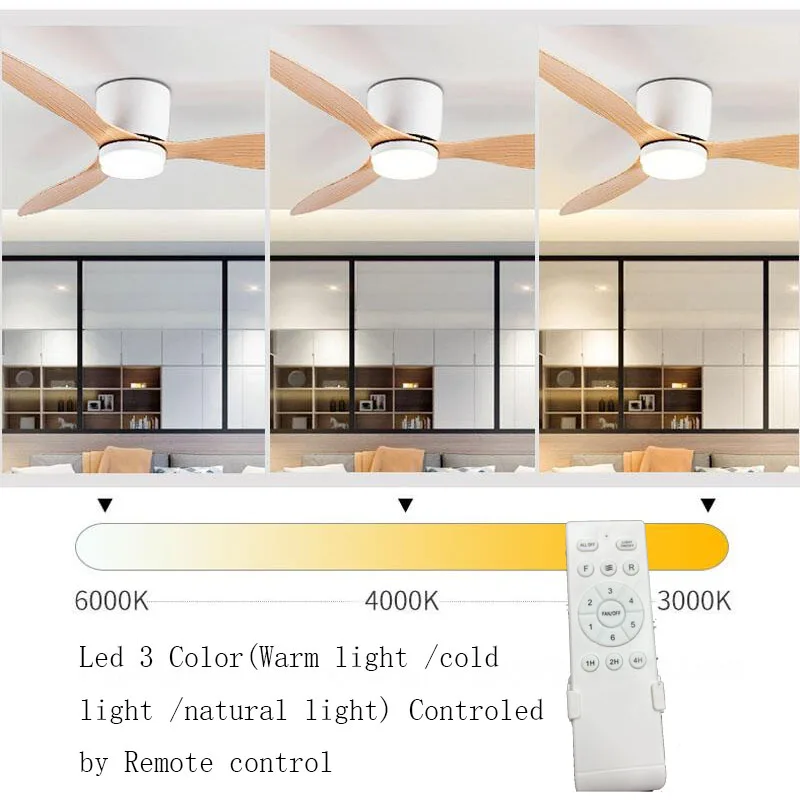 42/52 Zoll Deckenventilatoren mit LED-Licht – 3 Farben, 6 Geschwindigkeiten DC-Motor, Fernbedienung, flache dekorative Ventilatoren mit Beleuchtung | Skanto