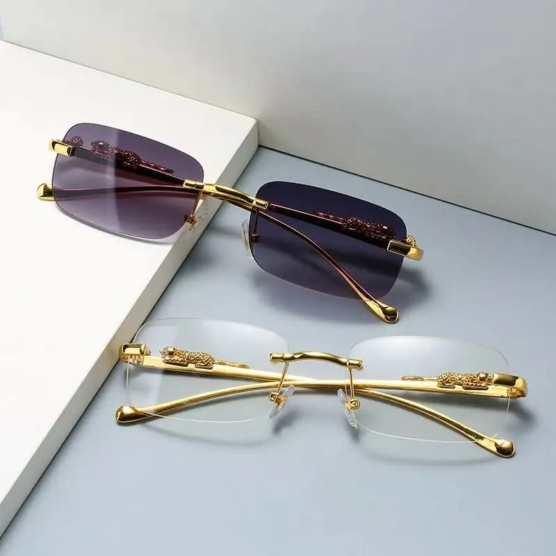 Skanto | Randlose Sonnenbrille mit Leopardenkopf-Design und UV400-Schutz
