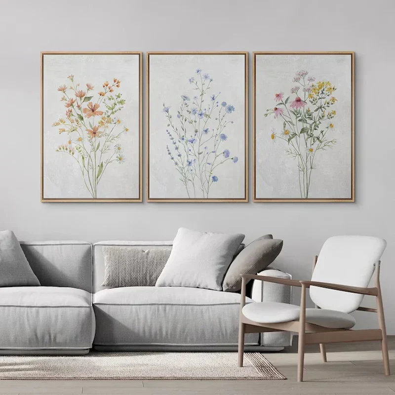 3er-Set Wildblumen Wandkunst Fine Art Leinwanddrucke Minimalistische Botanische Drucke Poster Bilder für Wohnzimmer Deko | Skanto