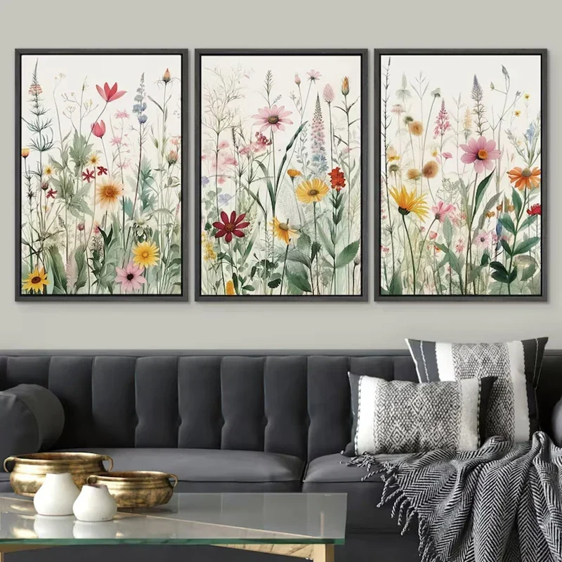 3er-Set Wildblumen Wandkunst Fine Art Leinwanddrucke Minimalistische Botanische Drucke Poster Bilder für Wohnzimmer Deko | Skanto