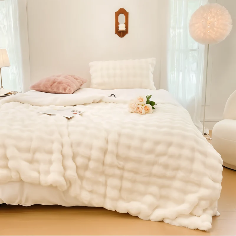 Plüschdecke weiß, bubble Kuscheldecke, warm,weich,waschbar