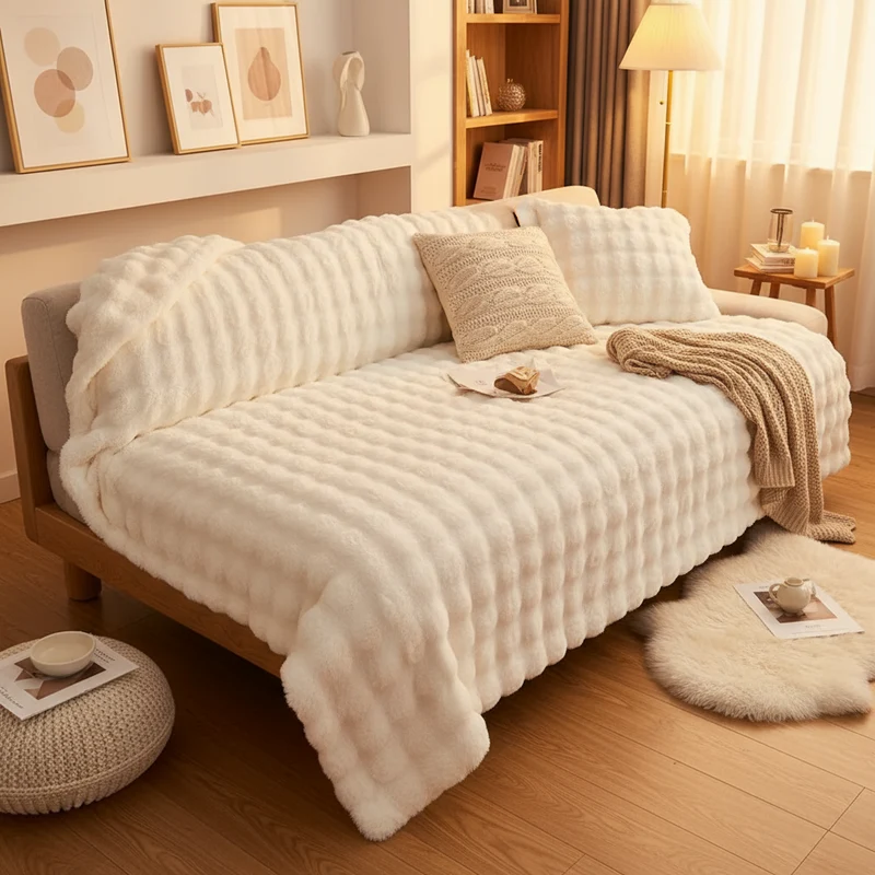 Plüschdecke weiß, bubble Kuscheldecke, warm,weich,waschbar