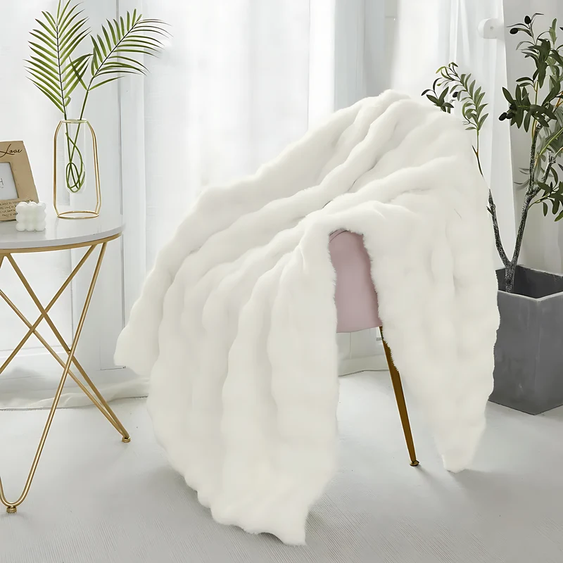 Plüschdecke weiß, bubble Kuscheldecke, warm,weich,waschbar