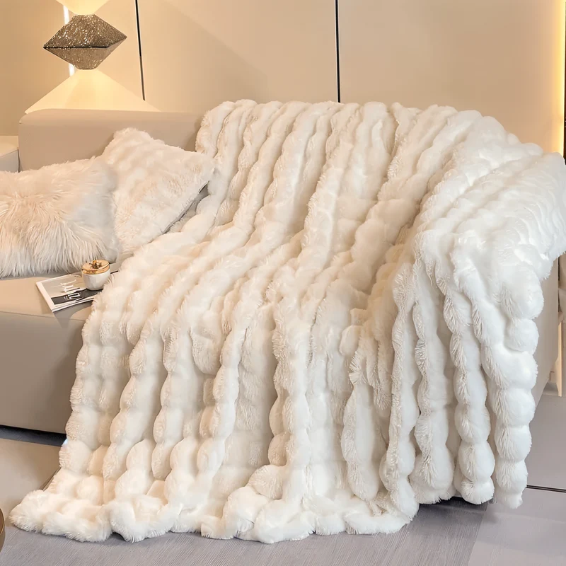 Plüschdecke weiß, bubble Kuscheldecke, warm,weich,waschbar