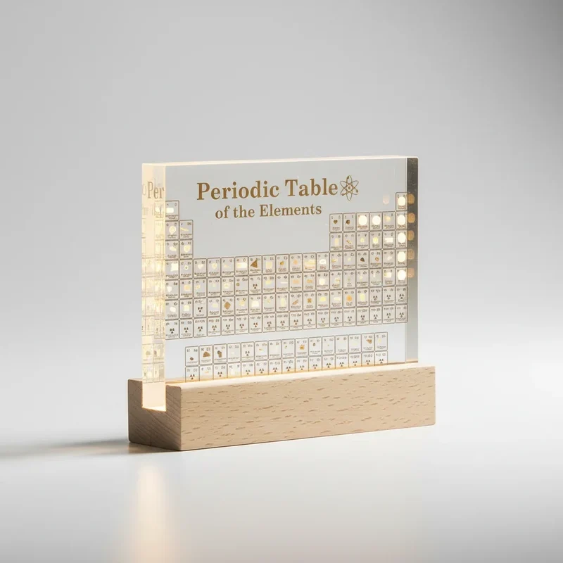 Periodensystem-Display – 83 Proben in klarem Acryl auf Holzsockel mit Licht