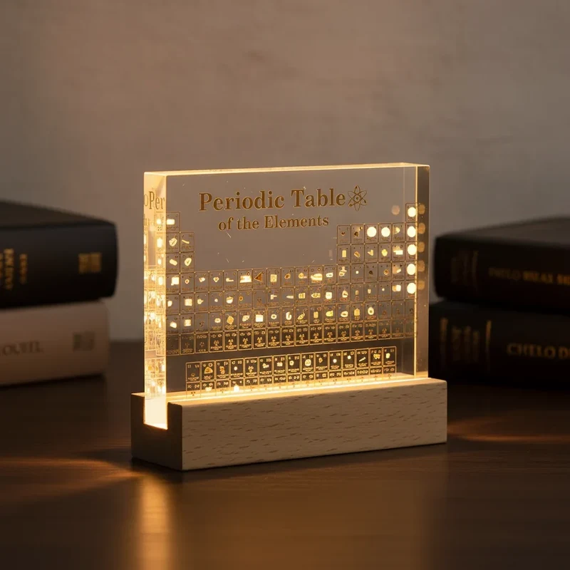 Periodensystem-Display – 83 Proben in klarem Acryl auf Holzsockel mit Licht