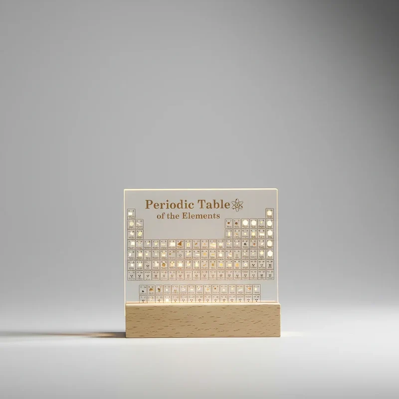 Periodensystem-Display – 83 Proben in klarem Acryl auf Holzsockel mit Licht