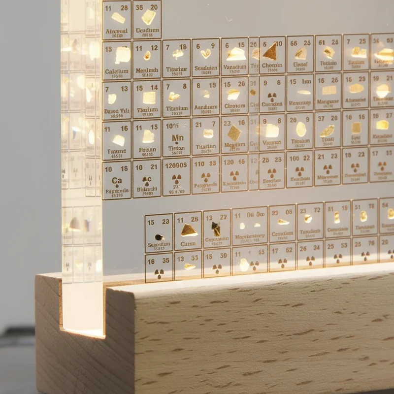 Periodensystem-Display – 83 Proben in klarem Acryl auf Holzsockel mit Licht