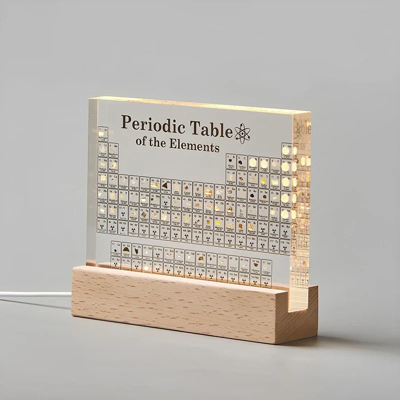 Periodensystem-Display – 83 Proben in klarem Acryl auf Holzsockel mit Licht