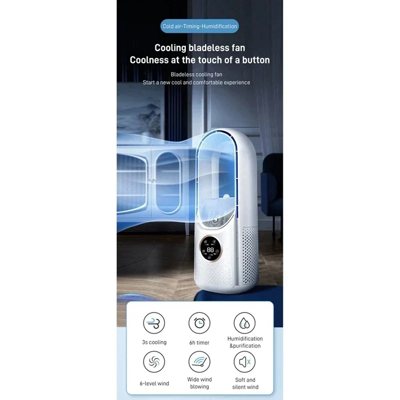 Tragbarer USB-Blattloser Luftkühler – Leiser 6-Gang-Elektroventilator mit Timer & Luftbefeuchter | Skanto