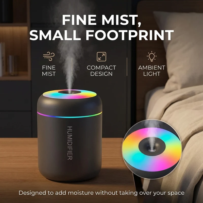 Mini-Luftbefeuchter 180 ml – kompakt für den Schreibtisch, mit Duftfunktion