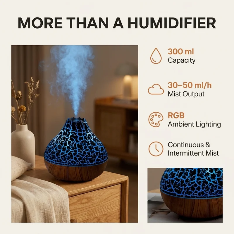 Luftbefeuchter 300 ml – Vulkaneffekt mit farbigem Nachtlicht und USB