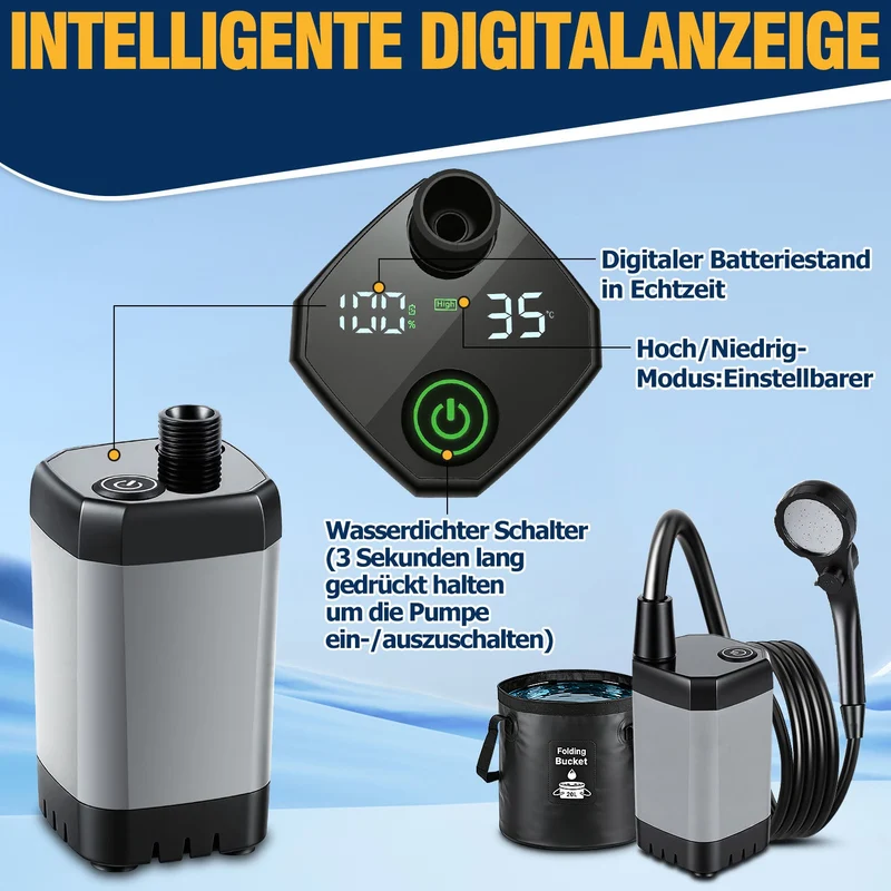 Tragbare Campingdusche batteriebetrieben Outdoor-Dusche mit 20L faltbarem Eimer | Skanto