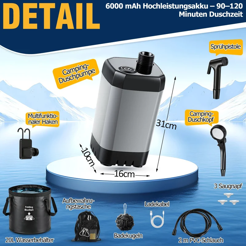 Tragbare Campingdusche batteriebetrieben Outdoor-Dusche mit 20L faltbarem Eimer | Skanto