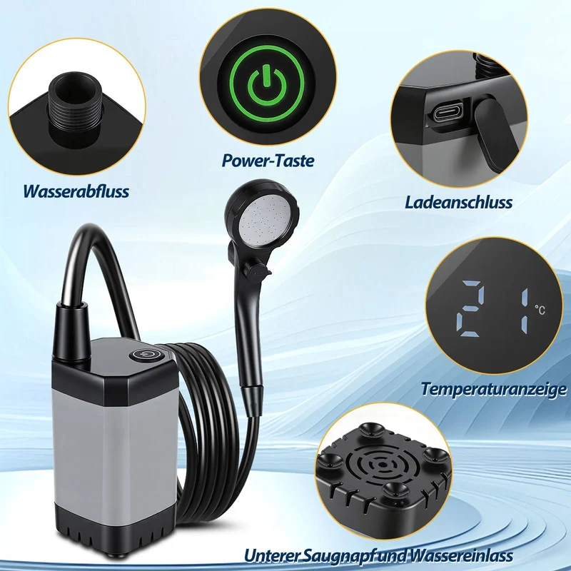Tragbare Campingdusche batteriebetrieben Outdoor-Dusche mit 20L faltbarem Eimer | Skanto