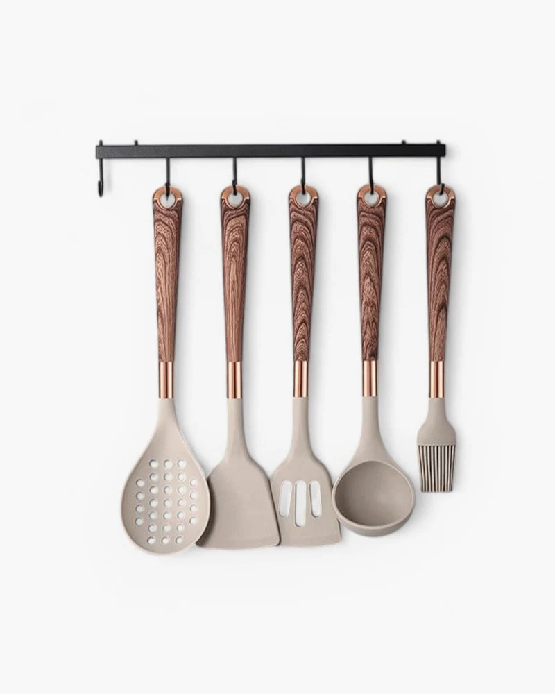 Skanto | Elegantes Silikon-Utensilien-Set mit Holz-Design-Griffen