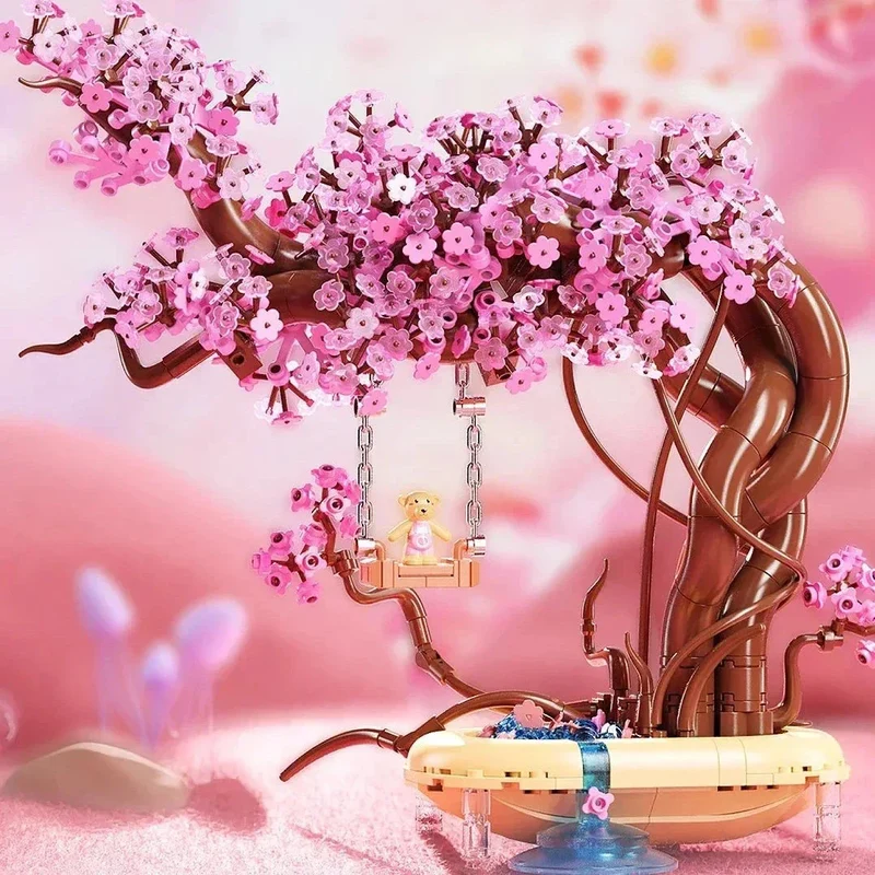 Skanto | Romantische Sakura Bär Schaukelbaum Mikro-Bausteine