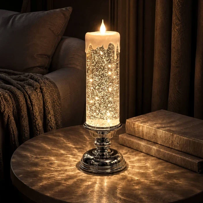 Glitzerkerze mit LED – wirbelnder Glitter und warmer Schein in drei Farben