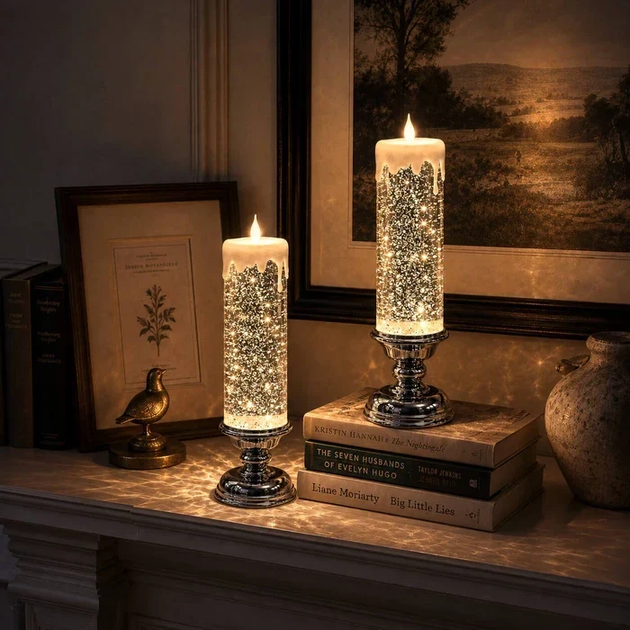 Glitzerkerze mit LED – wirbelnder Glitter und warmer Schein in drei Farben