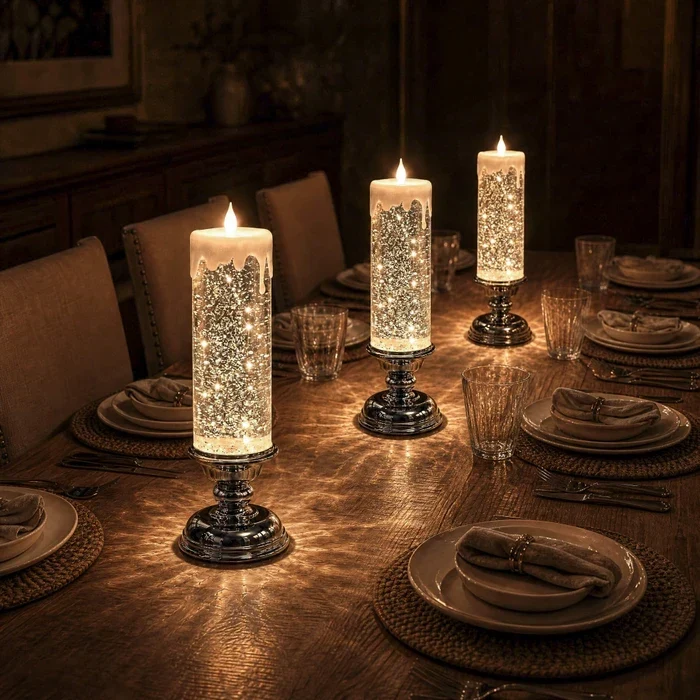 Glitzerkerze mit LED – wirbelnder Glitter und warmer Schein in drei Farben