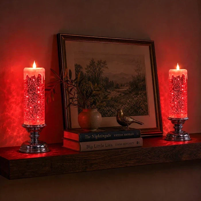 Glitzerkerze mit LED – wirbelnder Glitter und warmer Schein in drei Farben