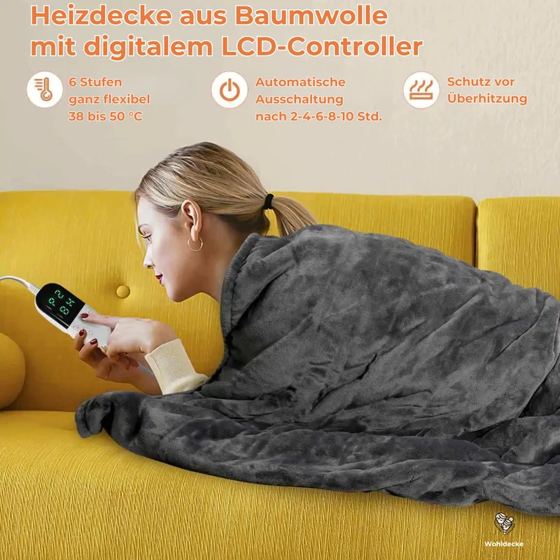 Elektrische Heizdecke 180×150cm – Baumwolle und Flanell - 6 Heizstufen, 10 Std. Timer & Schnellheizung