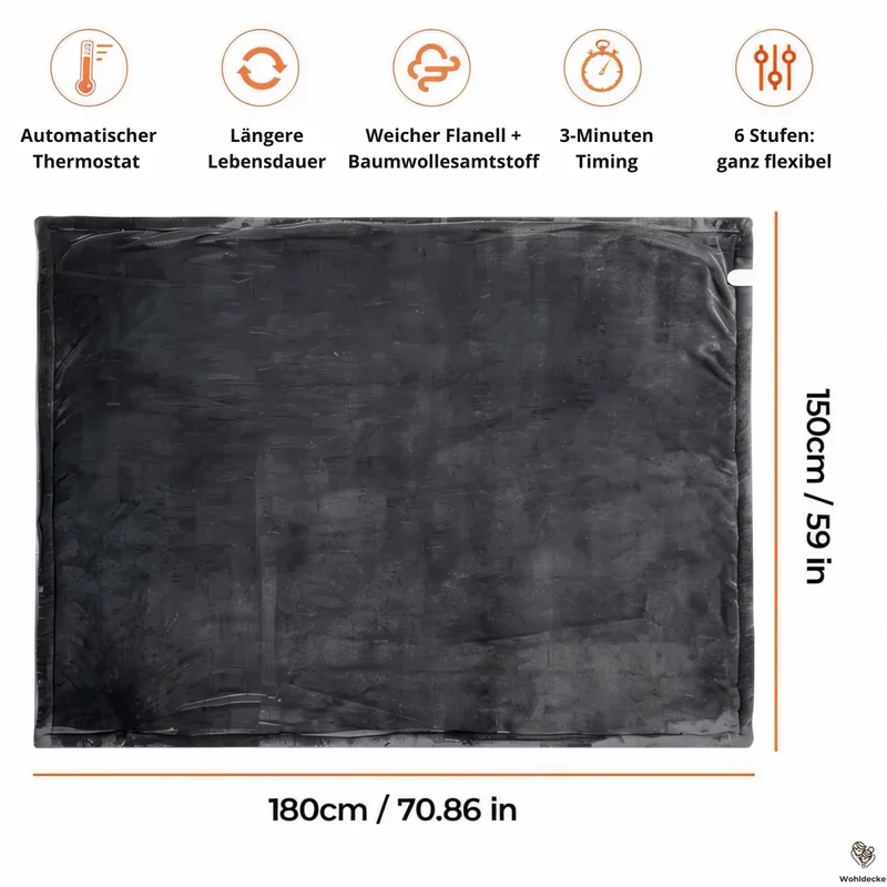 Elektrische Heizdecke 180×150cm – Baumwolle und Flanell - 6 Heizstufen, 10 Std. Timer & Schnellheizung