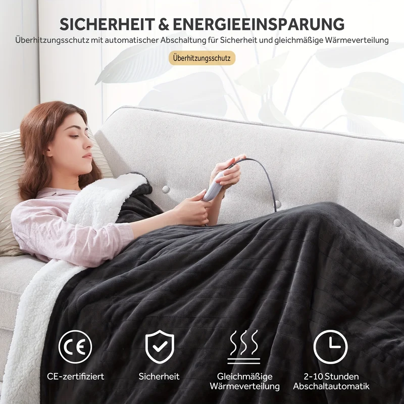 Elektrische Decke mit 6 Temperaturstufen mit Timer & Auto-Abschaltung, Überhitzungsschutz, Weiche Schwarze Lammdecke, Maschinenwaschbare Elektrische Bettdecke